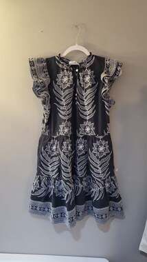 Omika Wilora Black Embroidered Ruffle Sleeve Tiered Mini Dress Size M